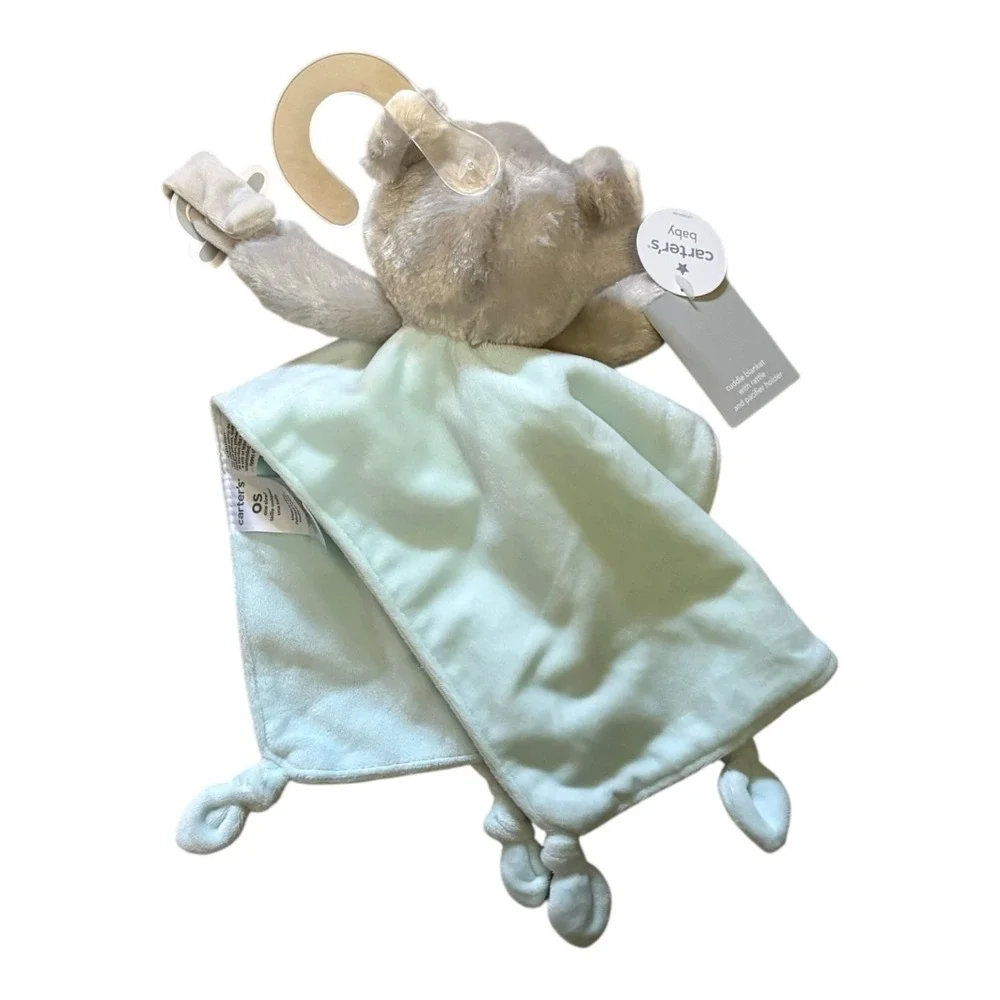 Carters Baby Bear Cuddle Blanket Lovey Rattle Pacifier Holder Mint Gray L32021H